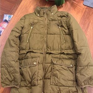 J. Crew Signature Puffer Jacket in Olive and Orange
